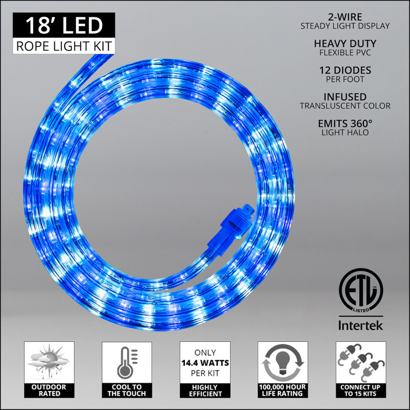 18FT 216 Light End-to-End Connectable LED Rope Lights, Blue/Cool White