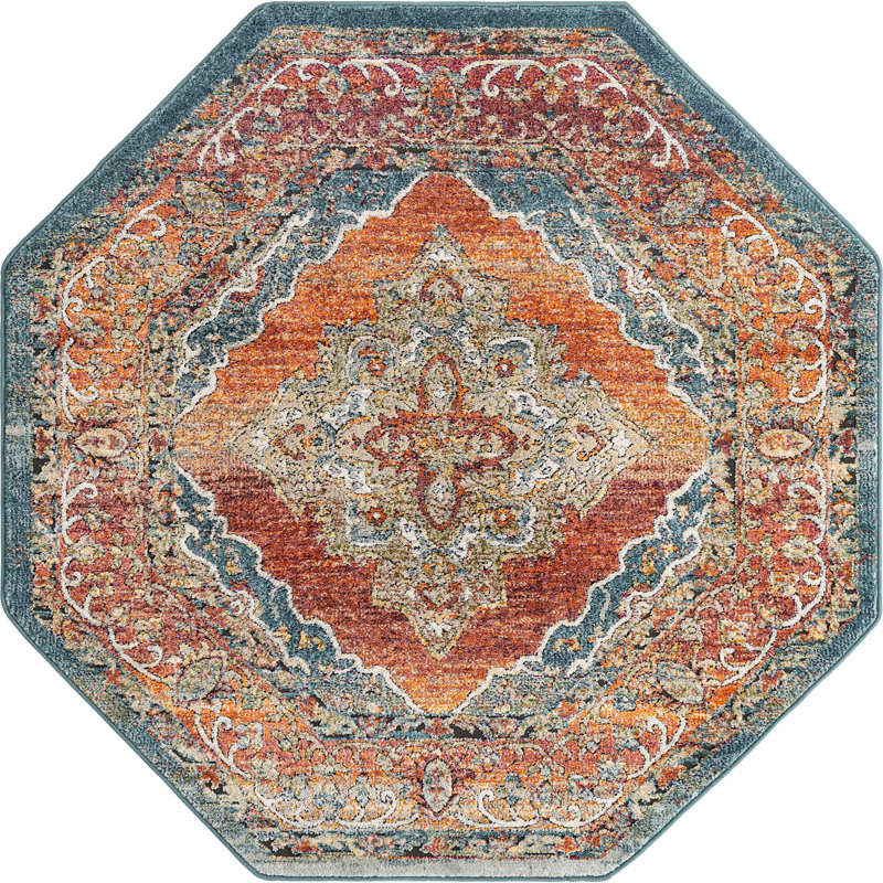 Tapis traditionnel Charian rouille oriental, Octogone 5 pi x 5 pi