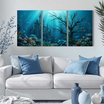 Underwater Castle And Tree Canvas Wrapped Wall Art Oil Painting Print Set Of 3