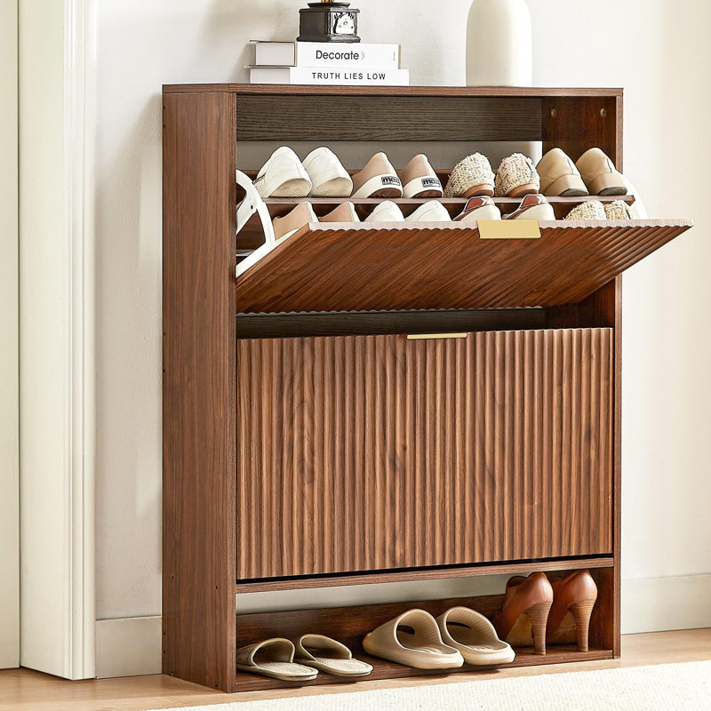 31.5''w Walnut Slim Shoe Cabinet, Fluted Hidden Shoe Storage Cabinet With 2 Flip Drawers, Brown