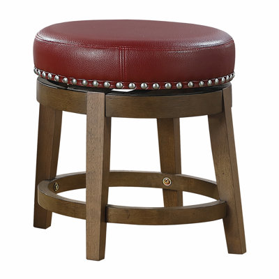 Round Swivel Stools Of 2, Red Faux Leather Seat, Solid Wood Frame With Brown Finish And Nailhead Trim For Dining 2Pcs Stools, 360-Degree Seat Trim, Space