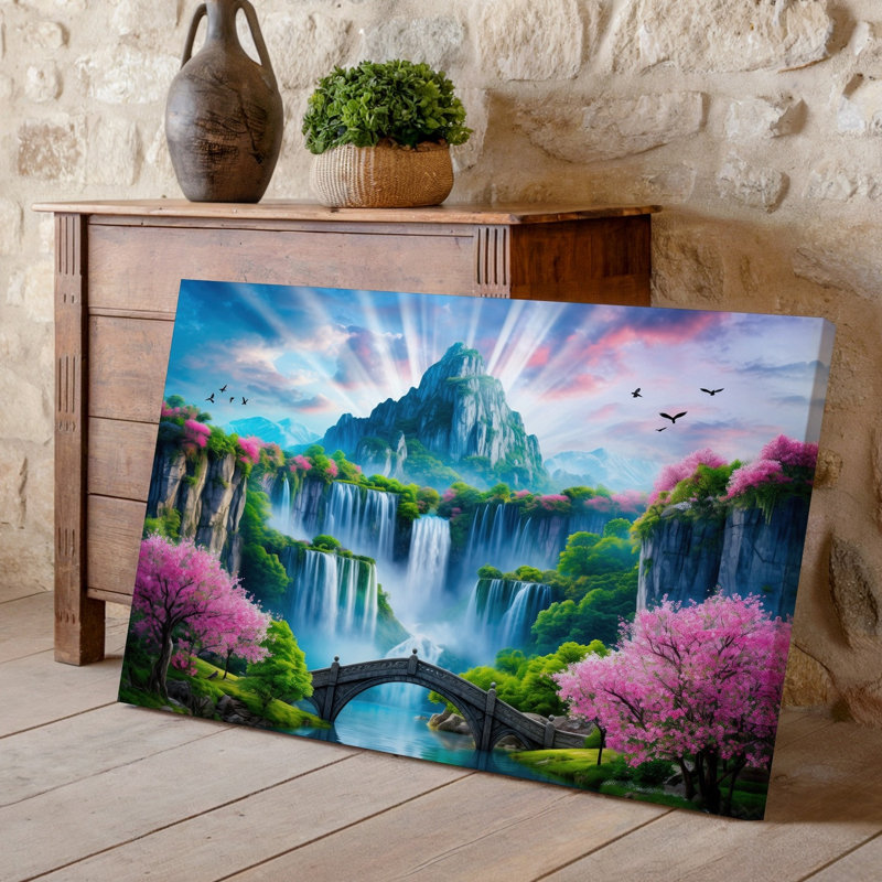 Toile, «Vibrant Fantasy Landscape mettant en vedette une majestueuse chaîne de montagnes avec art mural, cascades entourées de verdure», art mural