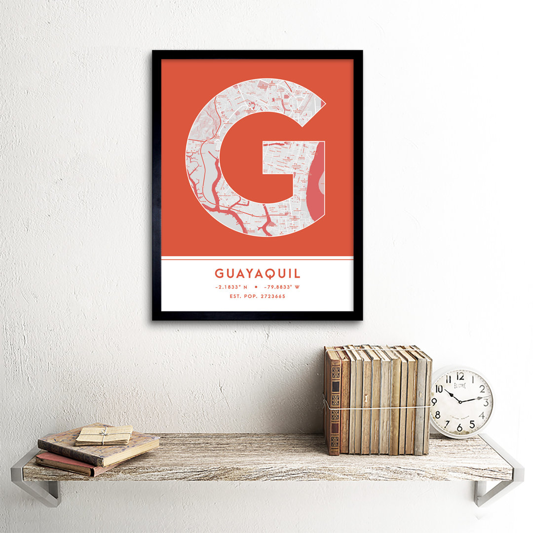 Guayaquil City Map Guayaquil Orange by Wee Blue Coo - Single Picture Frame Typography