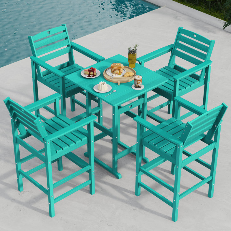 Bar Height Outdoor Table and Chairs Set, HDPE Wood Grain Patio Bar Table and Chairs with Heart Cutout Design, Blue