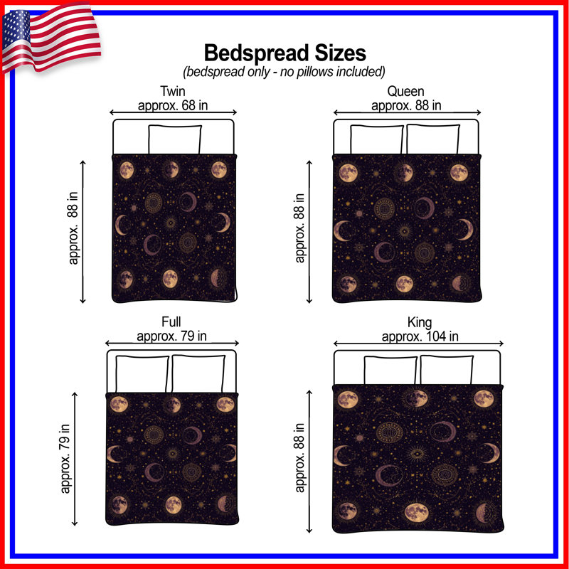 Celestial Moon Phases Quilted Bedspread All Sizes, King