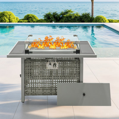 Outdoor Propane Fire Pit Table With Lid And Glass Wind Guard