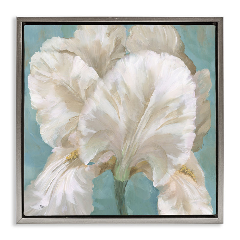 "Iris blanc sur toile encadrée bleue" par Nan, Cadre flottant gris lustré, H 18 po x l 18 po