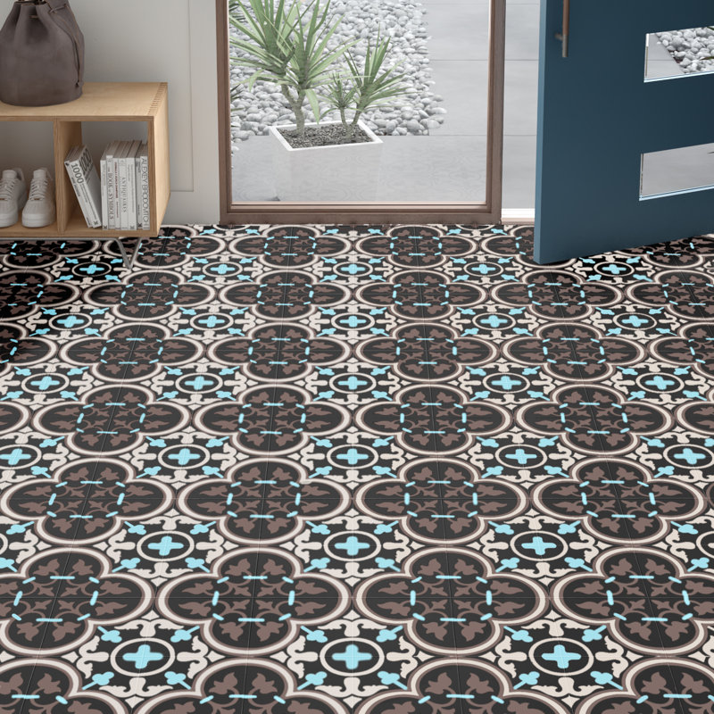 Carreau de ciment à motif pour mur et plancher 8 po x 8 po Casa, Noir / Brun / Bleu