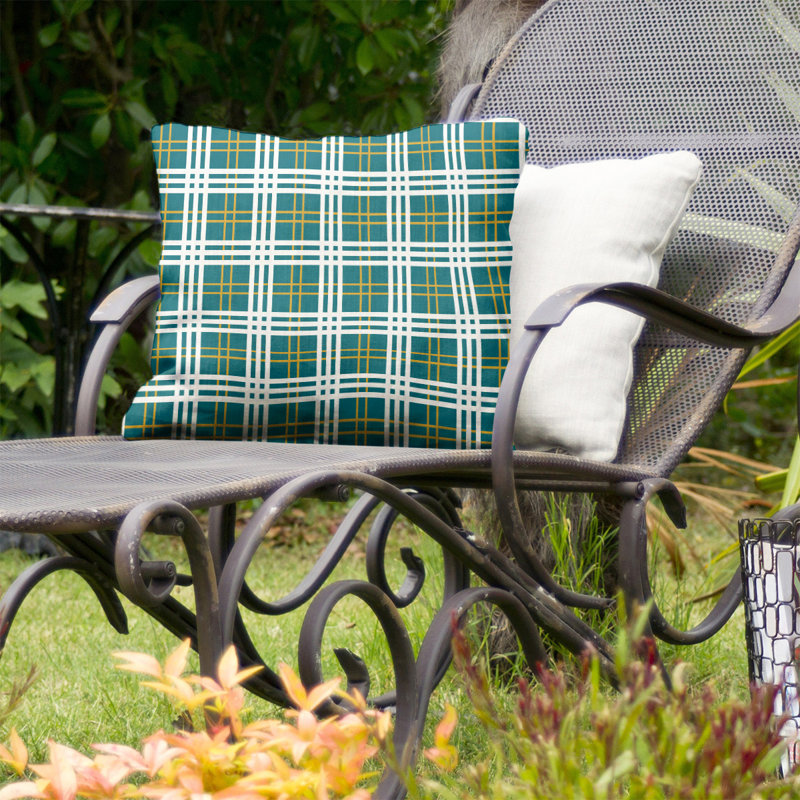 Plaid Outdoor Reversible Throw Pillow, 18" x 18", Aqua/White/Orange, Down Blend