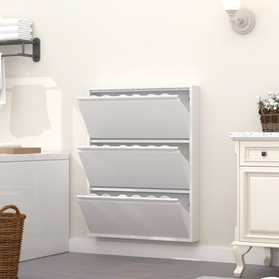 Armoire de rangement murale mince en métal avec 3 tiroirs rabattables, étagère à chaussures étroite moderne, étagère à chaussures dissimulée pour le vestibule, blanc, P 6 po x l 32 po x H 43 po
