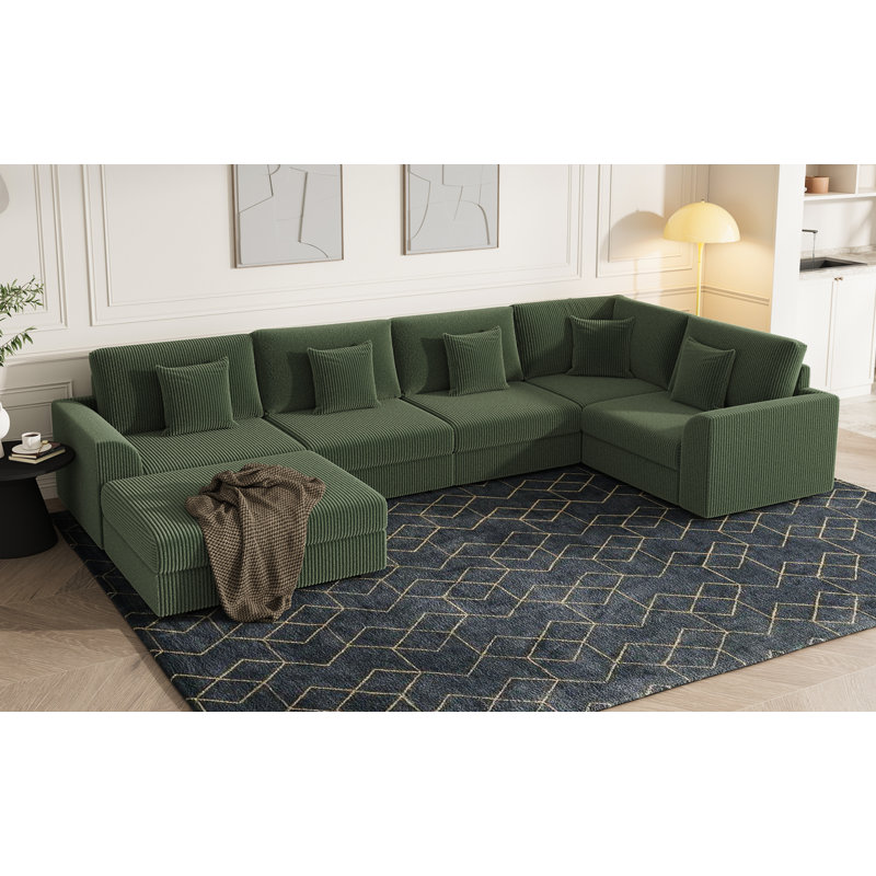 Kaneki 6 - Piece Slipcovered Corduroy Sectional Sofa Sleeper Couch, Green, 35'' H X 146'' W X 78'' D