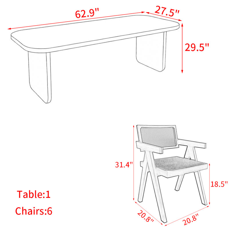 Modern simple solid wood dining table set., 29.50”H x 62.90”L x 27.50”W, 7