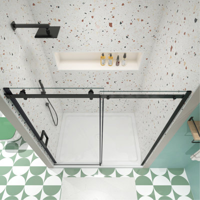 Porte de douche coulissante noire matte, verre trempé de 5/16 po, facile à nettoyer pour porte de salle de bain avec verre - noir, lisse et confortable