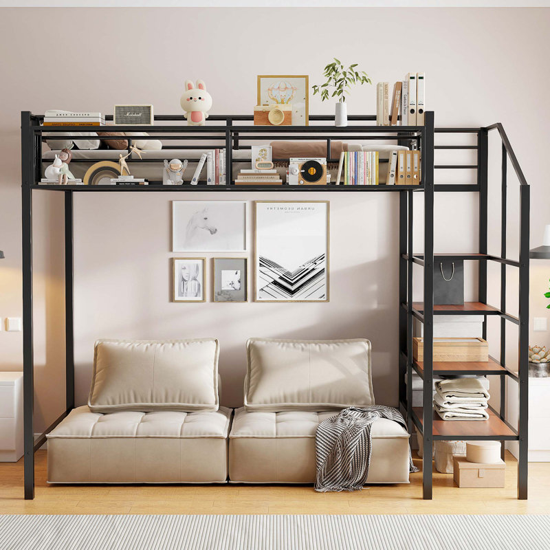 Lit mezzanine en métal avec tablette de rangement supérieure et échelle de rangement latérale, Noir, noir, noir, noir