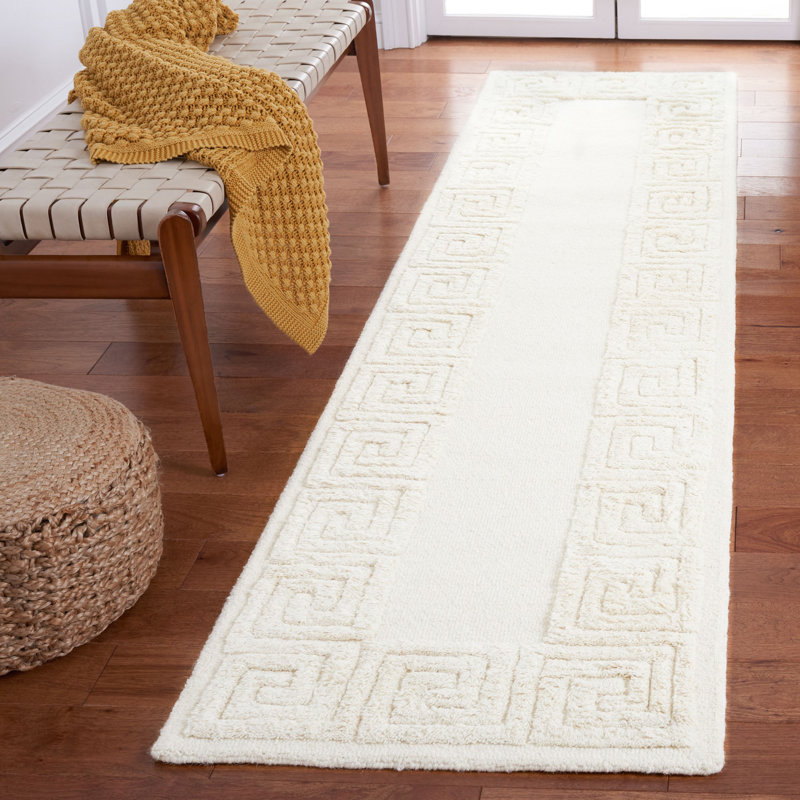 Dreshon Hand Tufted Wool/Cotton Greek Key Border Rug in Ivory, Runner 2'3" x 9'