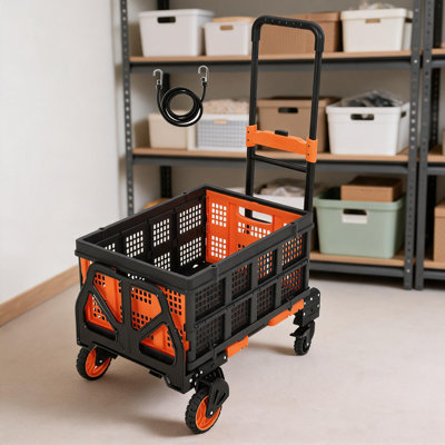 Chariot pliant 2 en 1 et chariot utilitaire à 4 roues, panier pliable d'une capacité de 330 lb et poignée rétractable, orange