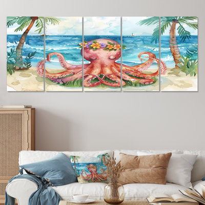 Pieuvre méditant sur la plage à Hawaï - ensemble de reproductions d'art mural pieuvre / calmar