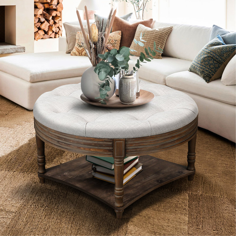Table basse ronde pour espace de vie - Lin, tablette en bois, rangement classique imperméable gris, pieds, Noyer, Gris clair