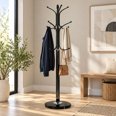 Portemanteau autoportant en métal 70 po avec 12 crochets et base en marbre naturel, noir