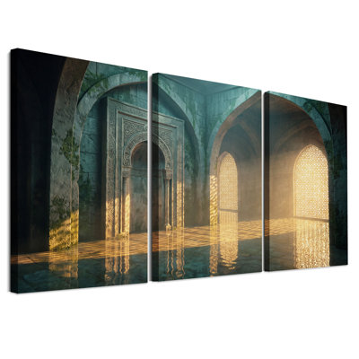 Ensemble de 3 toiles murales représentant d'anciennes arches islamiques baignées de lumière dorée