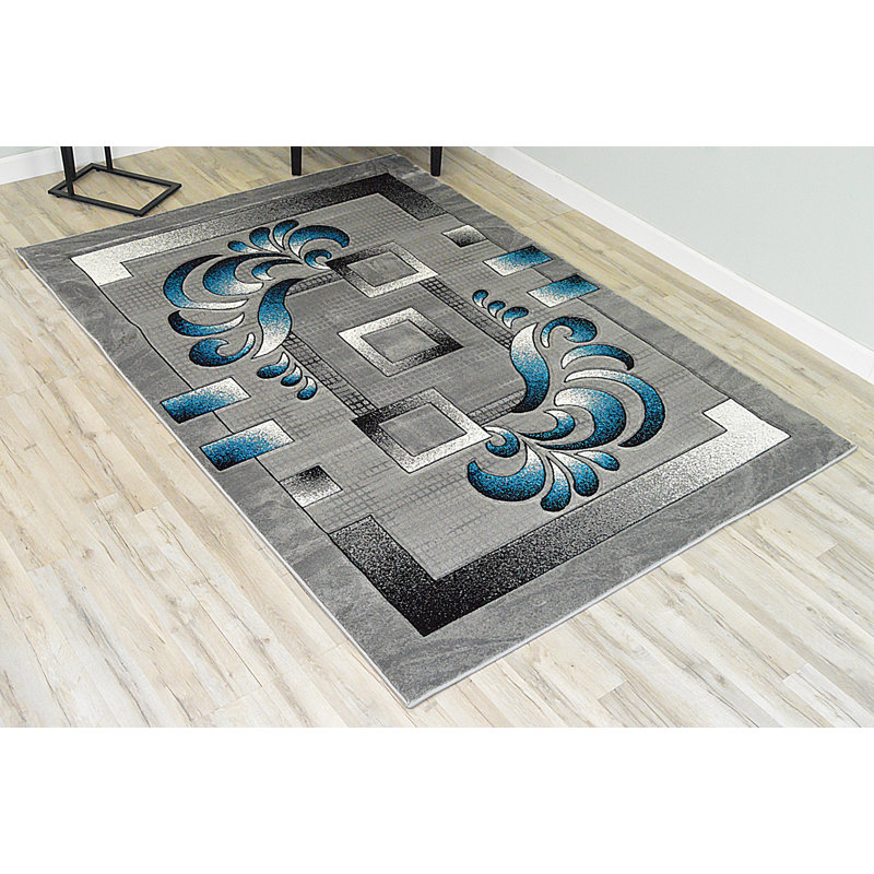 Tapis turquoise à motif abstrait contemporain et moderne épais avec effet 3D Little Sodbury