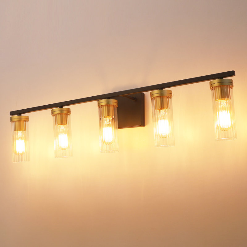 33 in. 5-Light Black and Brass Bathroom Vanity Light with Clear Glass Shades for Bathroom