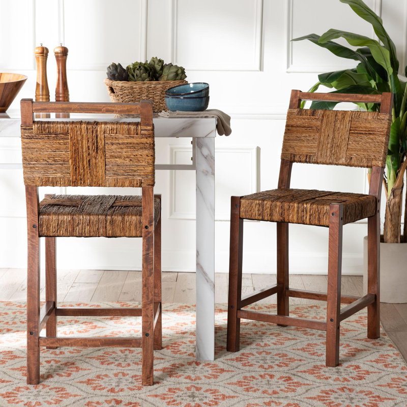 Bali & Pari Chabela Seagrass Counter Stool Set Of 2 - Solid Mango Wood Frame With Woven Seat And Backrest, Rustic Boho Style Dining Or Kitchen Island Seating, Brown