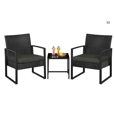 3-Piece Outdoor Wicker Patio Set with Cushions, Fixed Base Rattan Bistro Set, Black Wicker with Blue Cushions