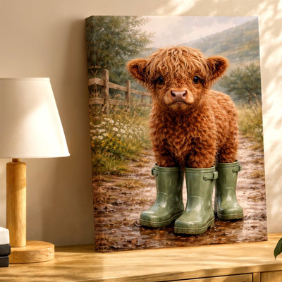 Highland Cow Calf In Rain Boots Rustic Farm Animal Canvas Wall Art Print, Coordinated Color Rustic Poster Artwork For Living Room Decor, Gallery Wall Accent, Modern Home Decor