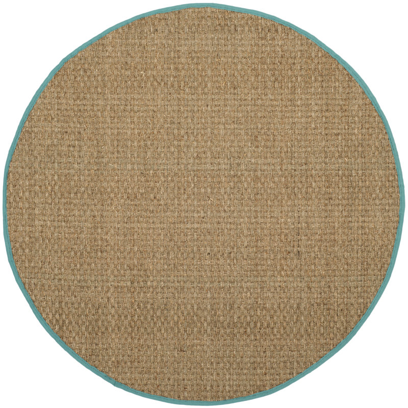 Oxnard Auckland Bamboo Slat/Seagrass Natural/Teal Area Rug, Round 4'
