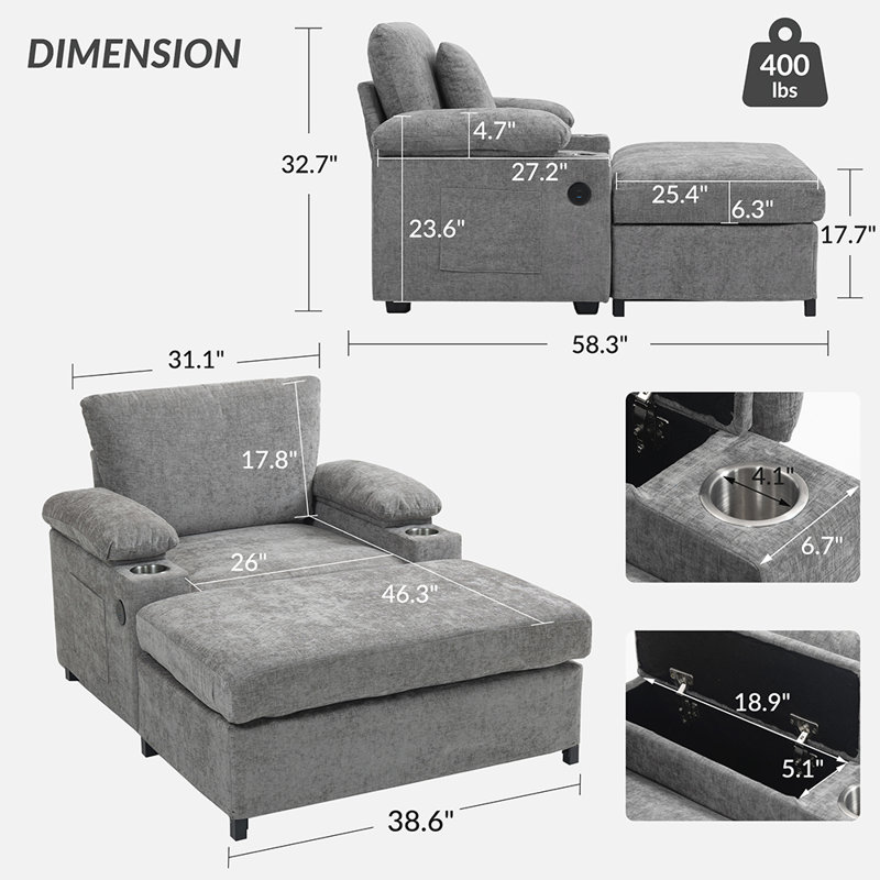 Chaise moderne surdimensionnée avec repose-pieds en tissu chenille pour le salon, Gris