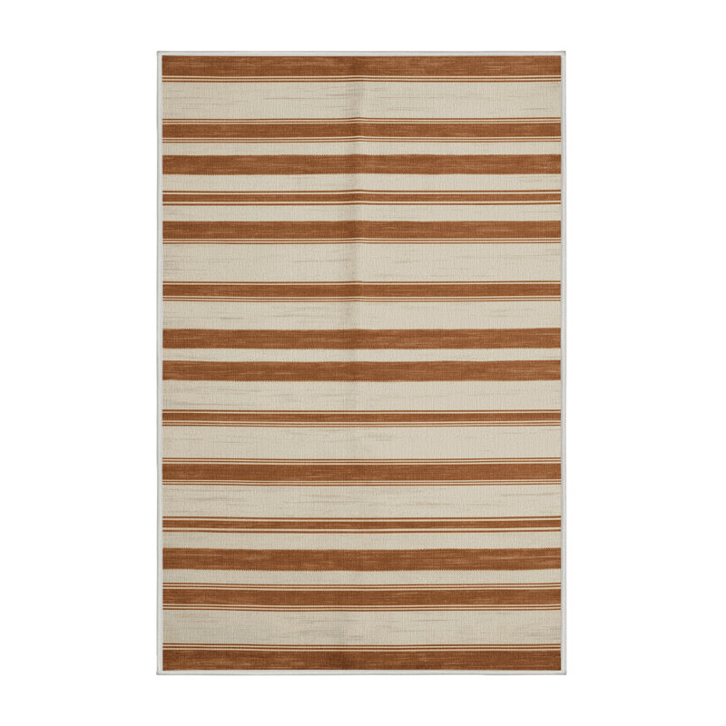 Tapis beige à rayures horizontales lavable à la machine, Rectangulaire 7 pi x 10 pi