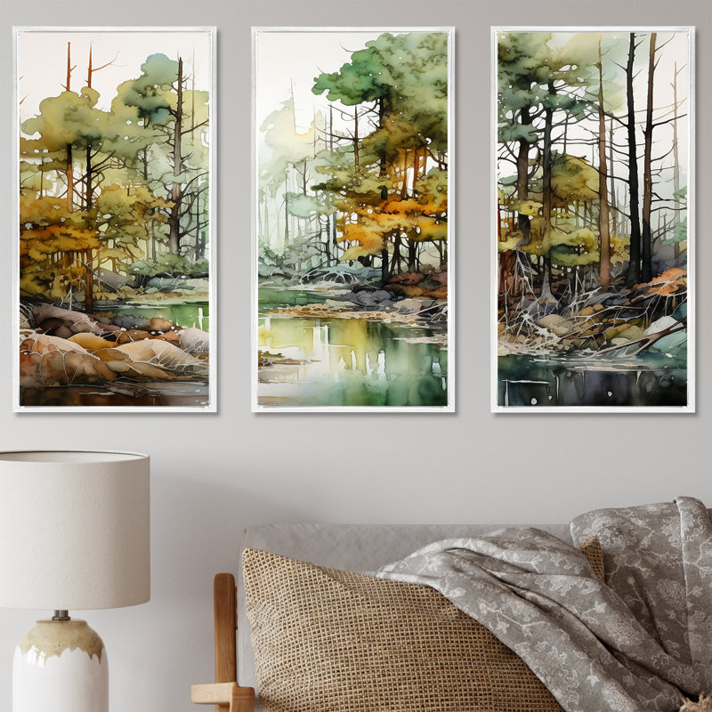 Encre alcoolisée «Forest Landscape», ensemble d'art mural forêt, Cadre flottant blanc, H 28 po x l 36 po x P 1 po