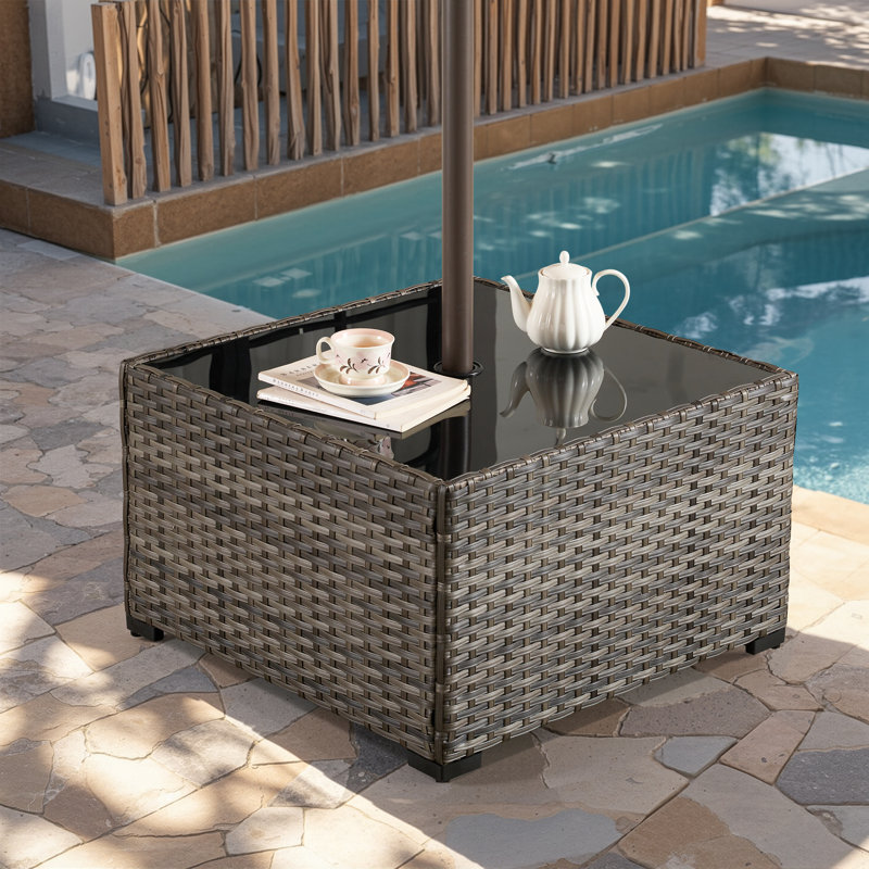Square Wicker/Rattan Outdoor Coffee Table With Umbrella Hole, Gray