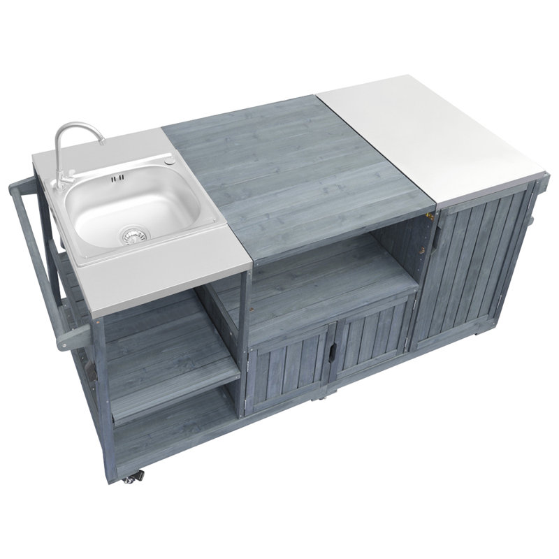 75.4" Outdoor Kitchen Island with Sink, Solid Wood Outdoor Grill Cart for XL Egg Grills, Rolling Outdoor Bar Cart with Stainless Steel Top, for Pizza Prep & BBQ, Grey Blue