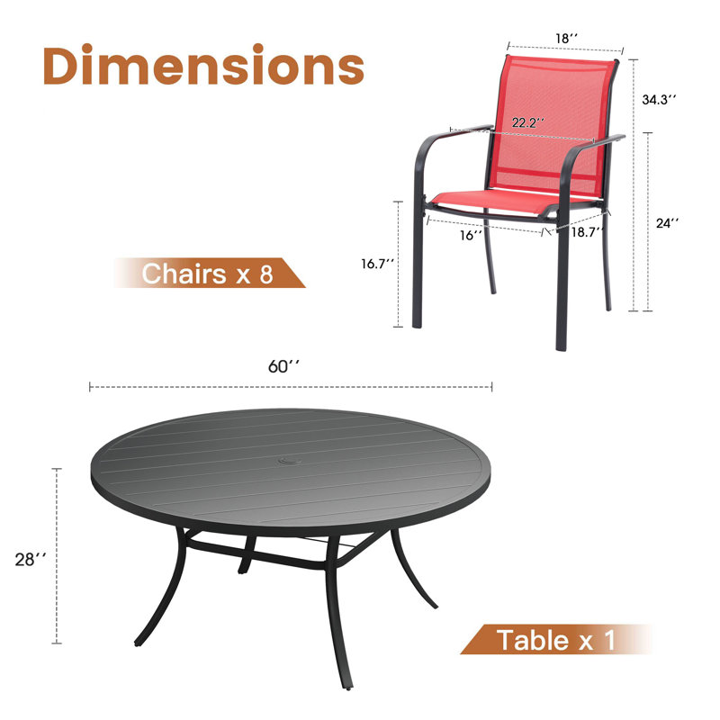 60" Patio dining set with Metal Round Dining Table and Stackable Armrest Dining Chairs, Black/Red