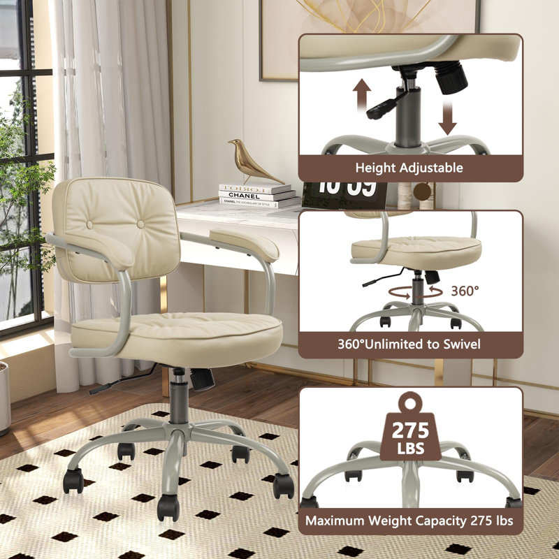 Leather Home Office Chair Comfortable Adaptive Backrest And Height Adjustable Swivel Desk Chair With Armrest Wheels Thickened Cushion Buttons Vanity Task Chairs, (Beige)