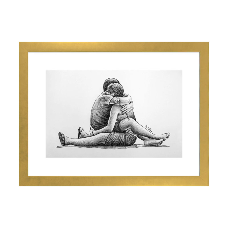 Hug par Ben Heine-impression de dessin, Papier encadré doré, Blanc, H 16 po x l 24 po x P 1 po