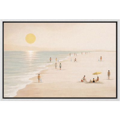 «Minimal Beach Scene with People and Soft Sunset», art mural encadré sur toile