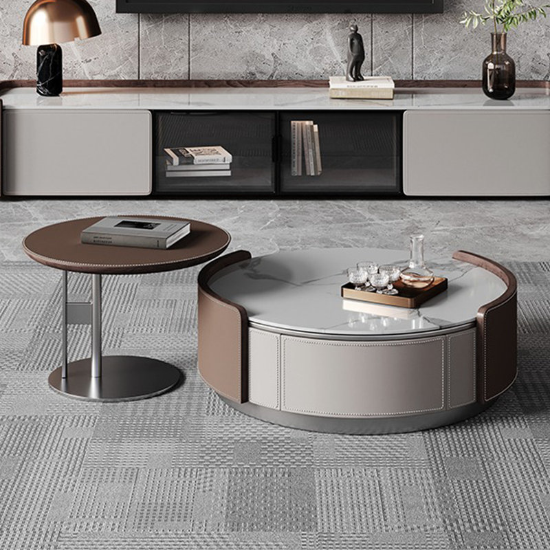 Ensemble de tables basses rondes en marbre argenté, H 15,75 po x l 53,15 po x P 31,5 po, Argent / kaki
