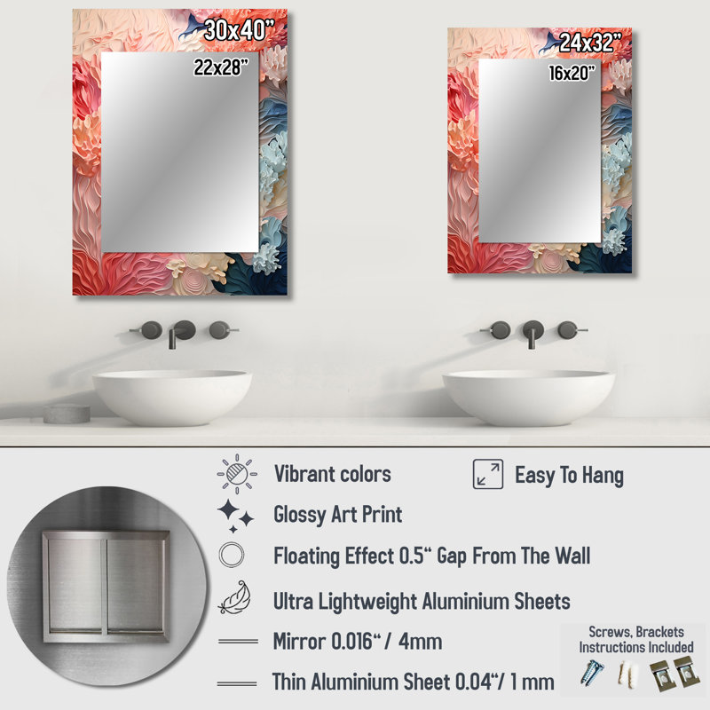 Collage corail rose et blanc - grand miroir corail, décoration murale miroir rose unique, impression d'art en métal