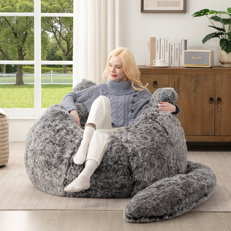 Modern Whimsical Style Cat Shaped Bean Bag Chair, Soft Faux Rabbit Fur Lazy Sofa with Detachable Tail Pillow for Adults & Kids