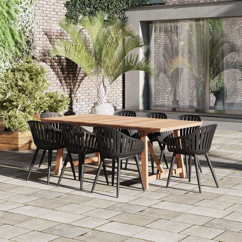 Anautica 8 - Person Teak Wood Patio Dining Set with Rectangular Table, Black