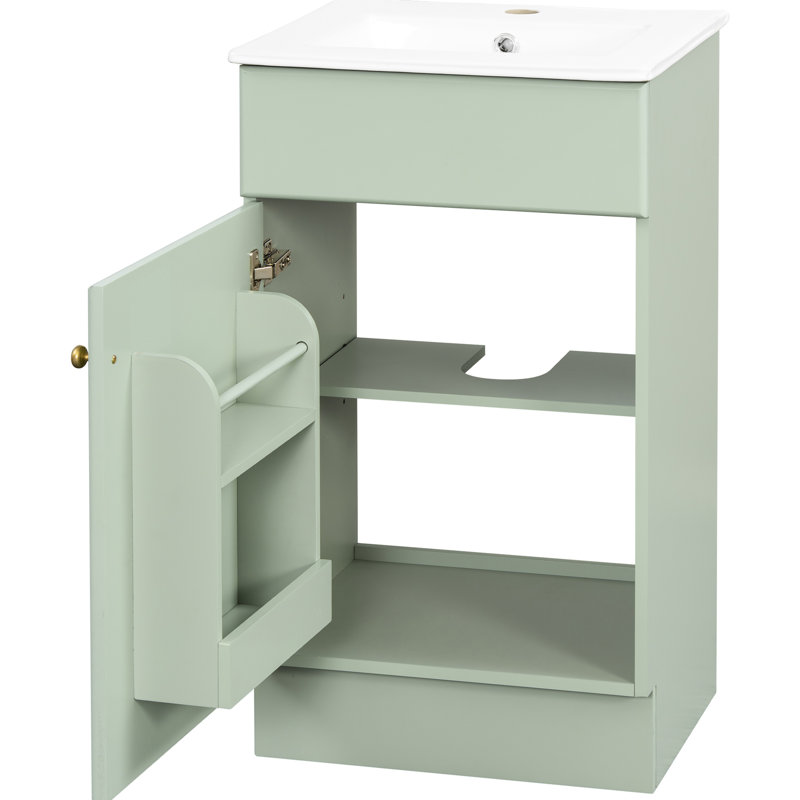 Meuble-lavabo de 18 pouces avec trou de robinet à un trou pré-percé, support de rangement et mécanisme de fermeture en douceur pour une porte pratique