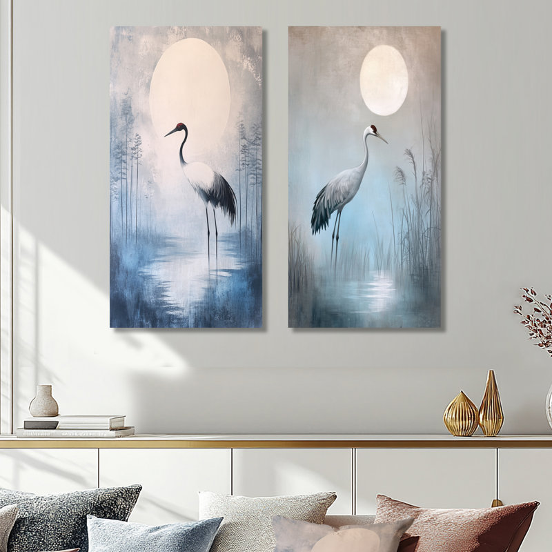 «Crane Moon Marsh - Birds», ensemble de 2 reproductions d'art mural en métal, 40" H x 40" W