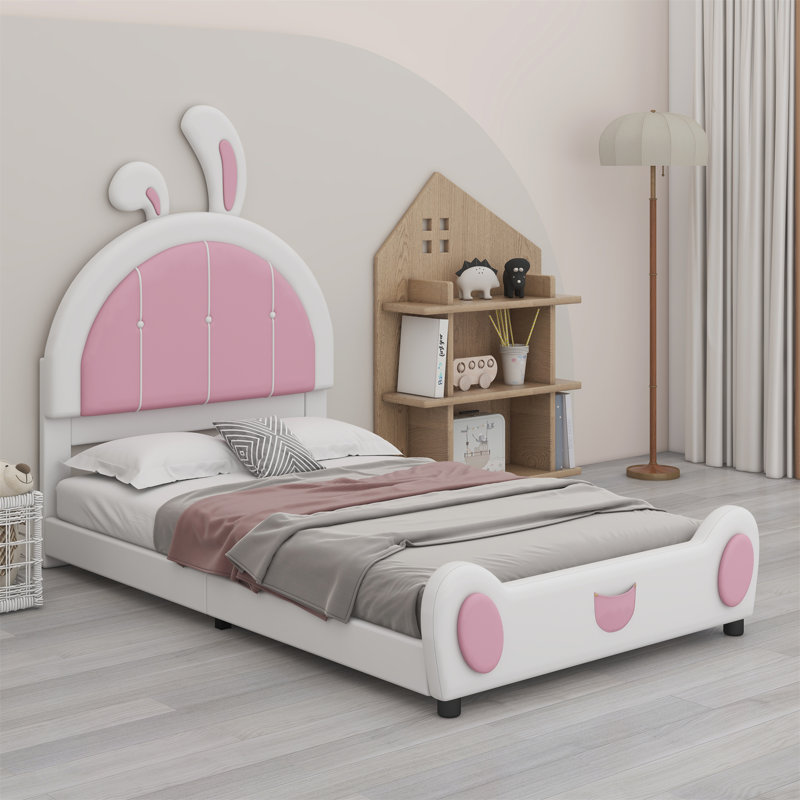 Lit plateforme tapissier avec tête de lit en forme de lapin, Blanc / rose