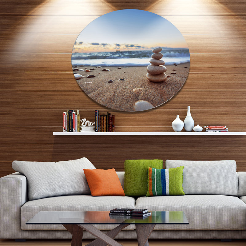«Risa Stones Balance on Sandy Beach», photographie, H 23 po x l 23 po x P 1 po, Métal