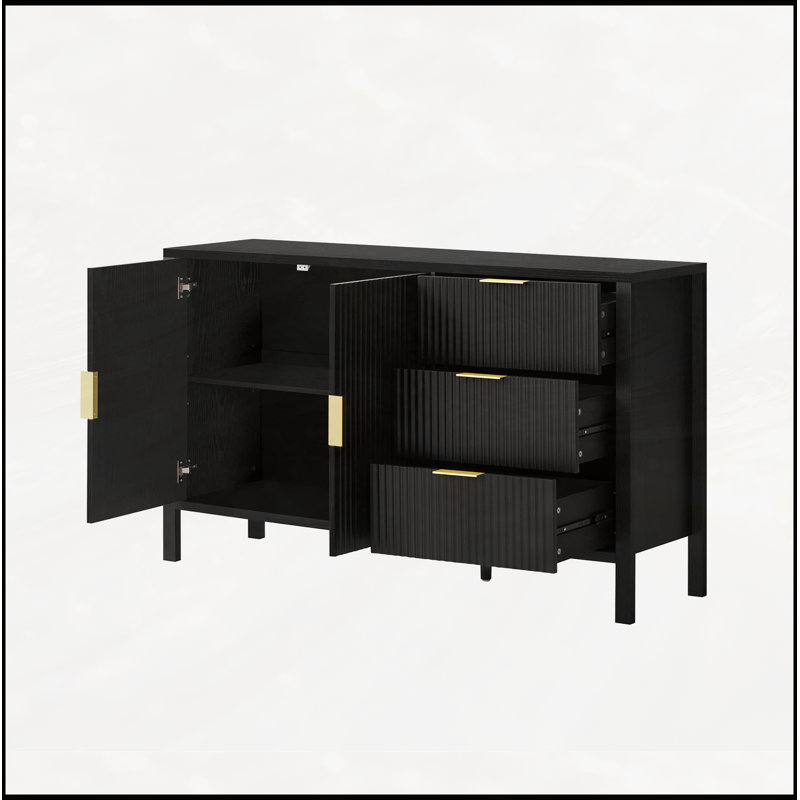 Wave-Pattern Sideboard with 3 Drawers, Large Storage Buffet Cabinet with Hooks and Extra Center Leg, Black