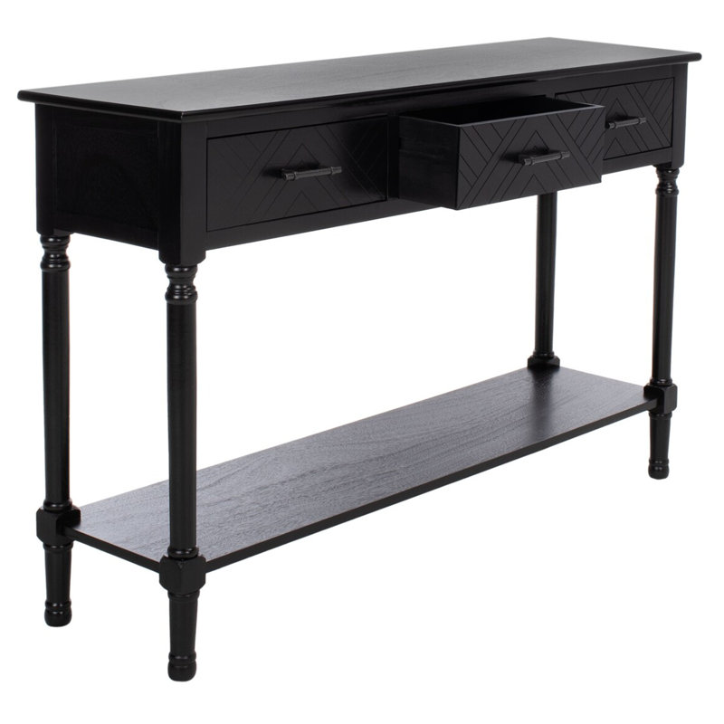 Stylish Chupp 47.3'' Console Table –Solid Wood Top with Storage Drawers, Turned Legs & Display Shelf, Black