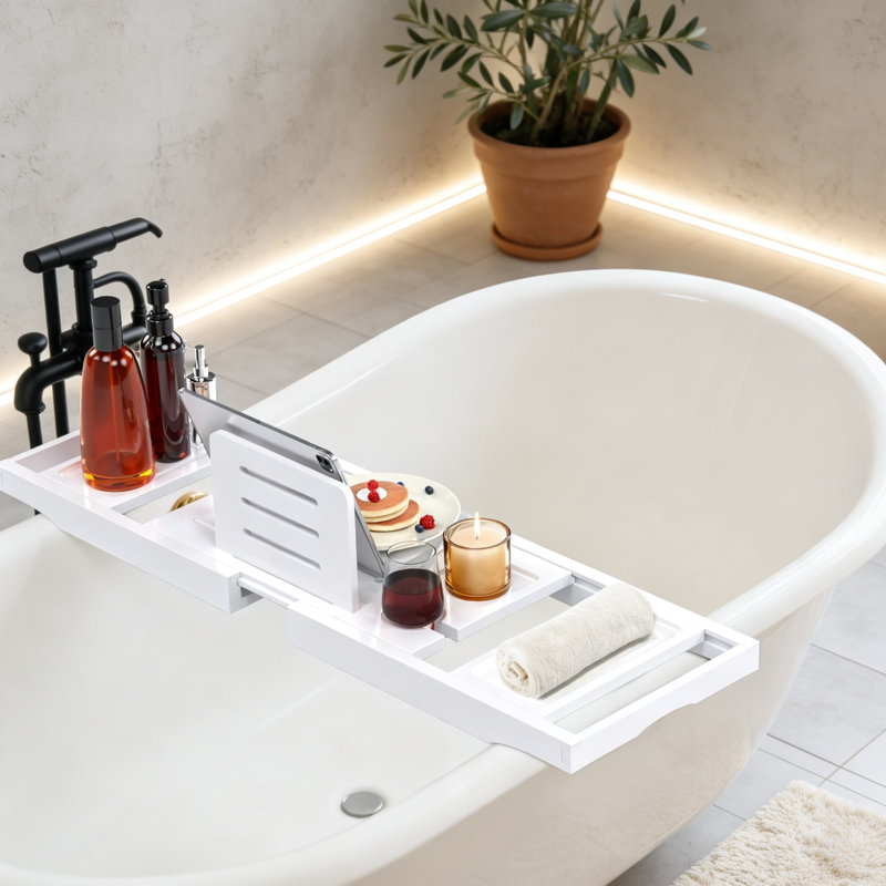 Plateau de baignoire extensible en bambou, White
